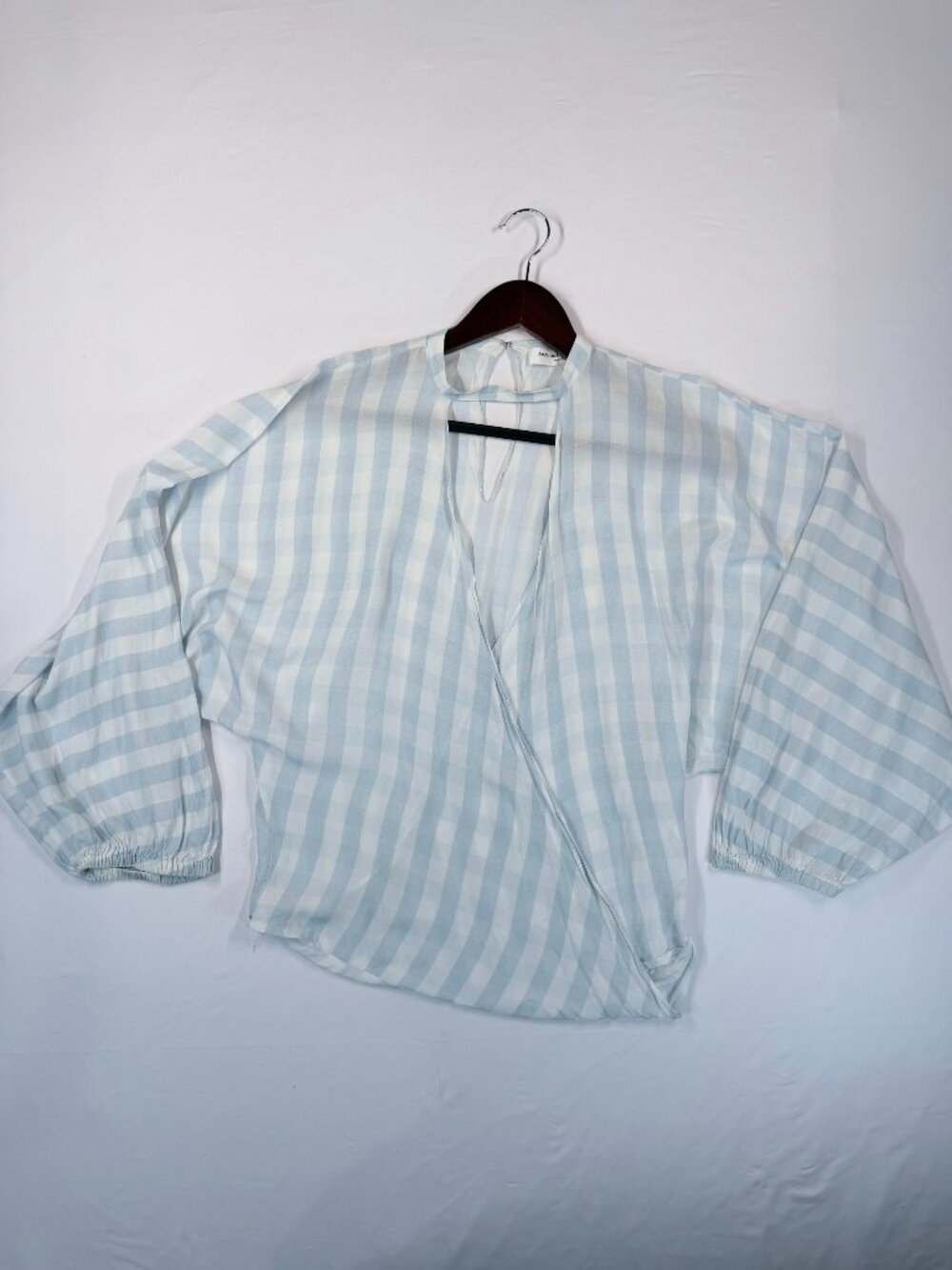 Amanda Uprichard Blouse Size S Blue White Check Wrap Top Balloon Sleeve Viscose